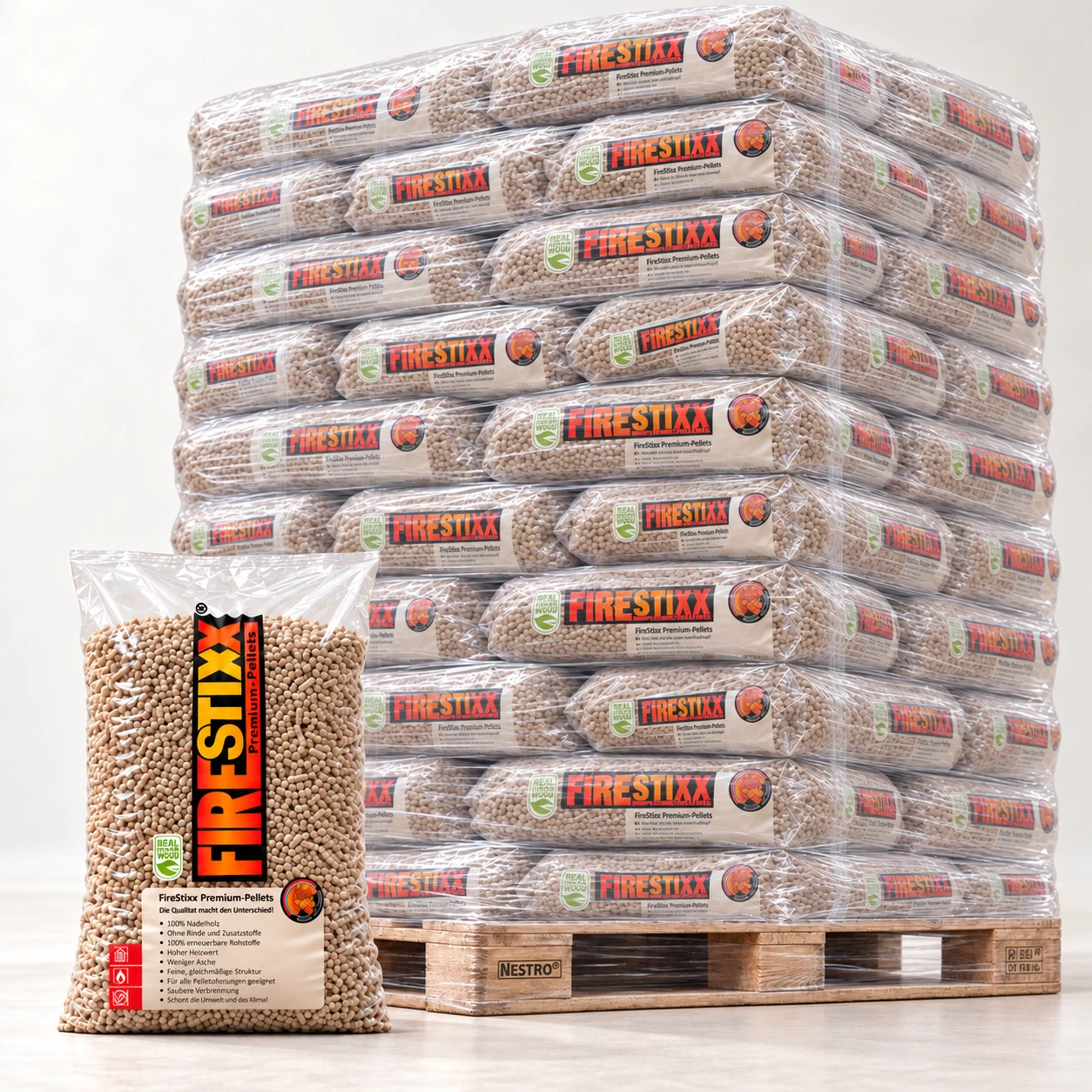 FireStixx Premium Holzpellets ENplus® A1 · 66 × 15 kg — Produktabbildung einer Verkaufseinheit