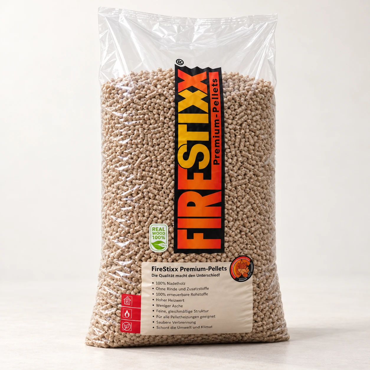 FireStixx Premium Holzpellets ENplus® A1 · 66 × 15 kg – Produktvisualisierung