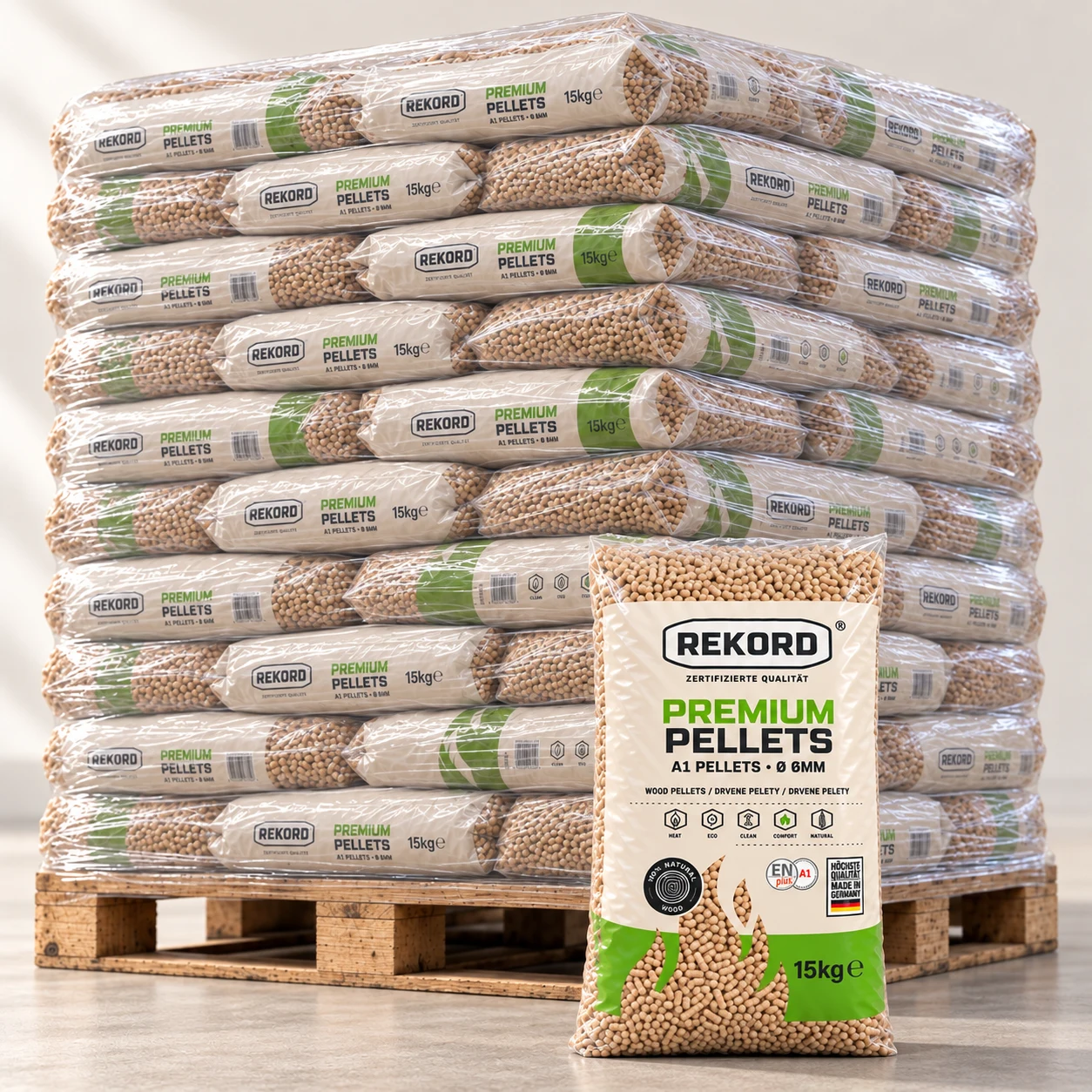 REKORD Holzpellets ENplus® A1 · 66 × 15 kg — Produktabbildung einer Verkaufseinheit