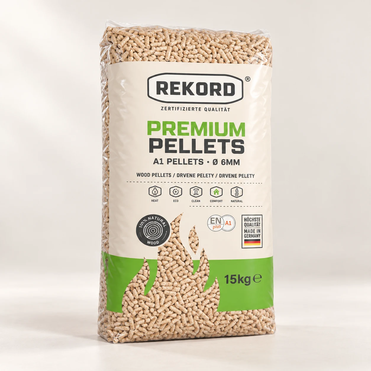 REKORD Holzpellets ENplus® A1 · 66 × 15 kg – Produktvisualisierung